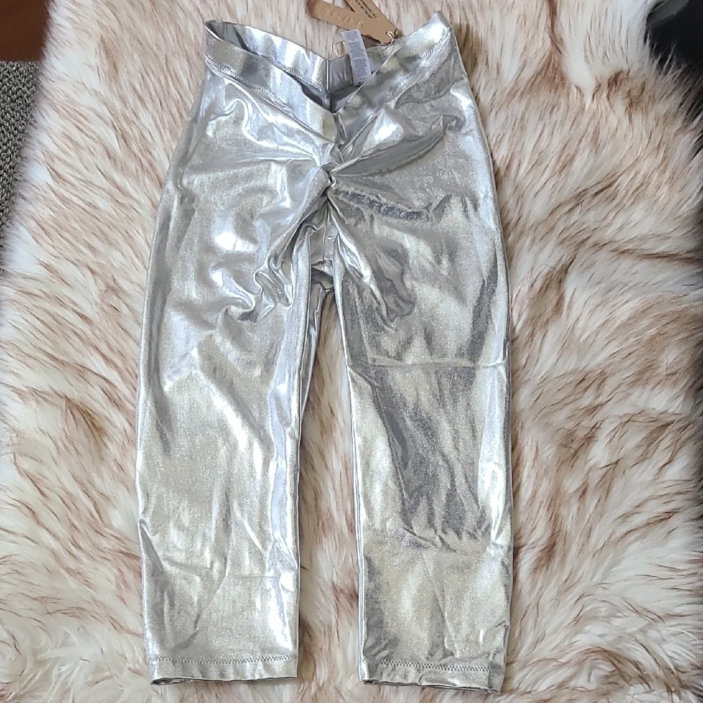 NWT SKIMS Metallic Swim V Waist Pant Size XXS Nickel